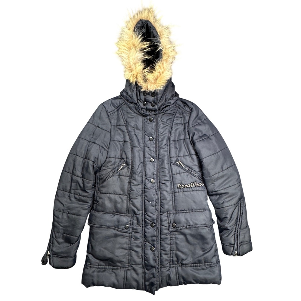 Rocawear Puffer Jacket Mens M Black Faux Fur Trim Hooded Parka Coat